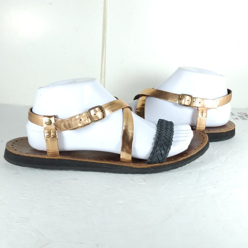 UGG Women's Jordyne US9 Leather Metallic Rose Copper Black Braided Sandals - Picture 9 of 16